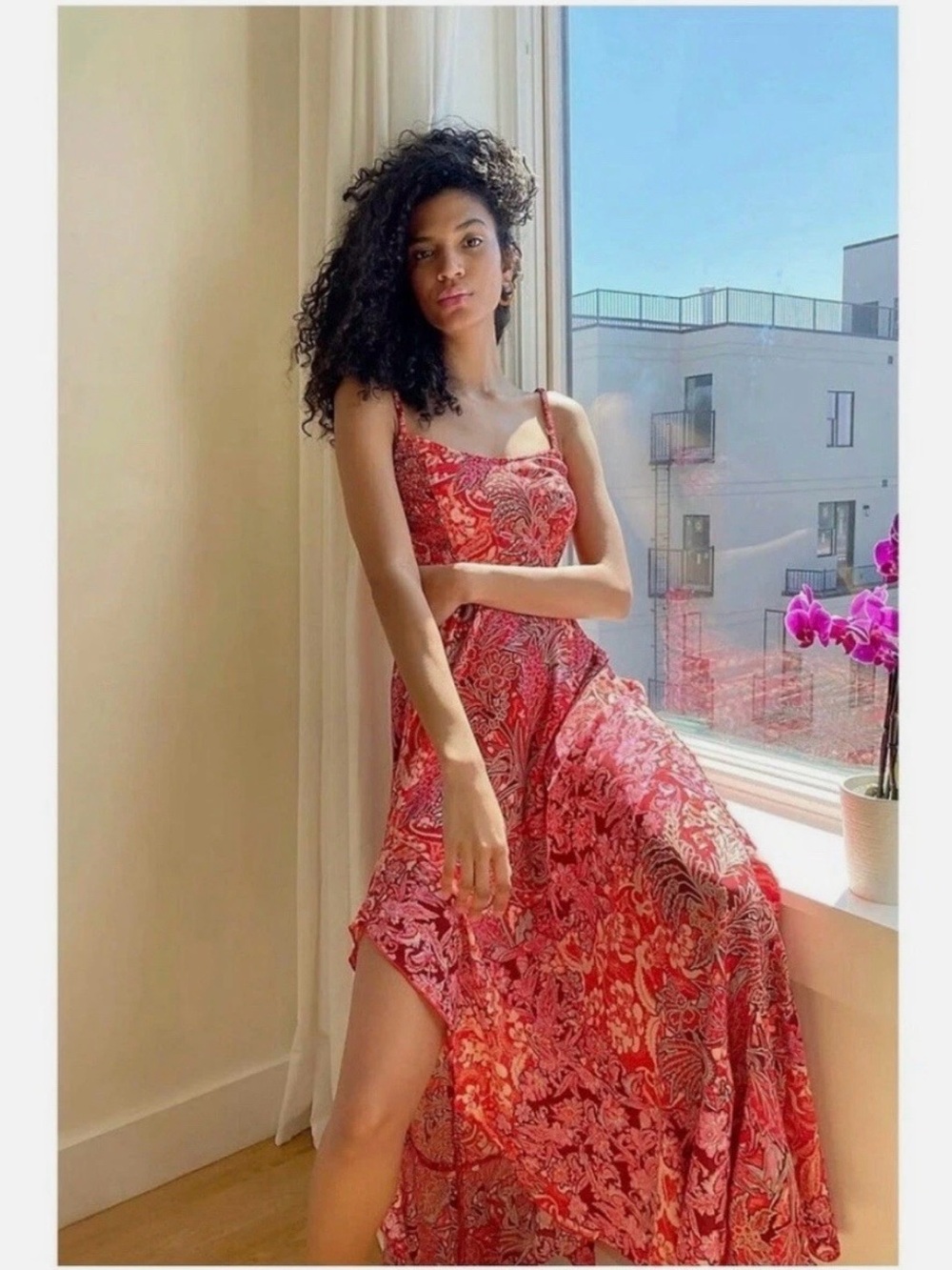 Free People Forever Yours Smocked Slip Maxi Dress Size   M Red Floral Sleeveless